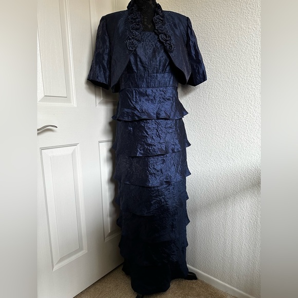 R & M Richards 2-Piece Tiered Empire Waist Dress & Cropped Jacket Set - Picture 2 of 12